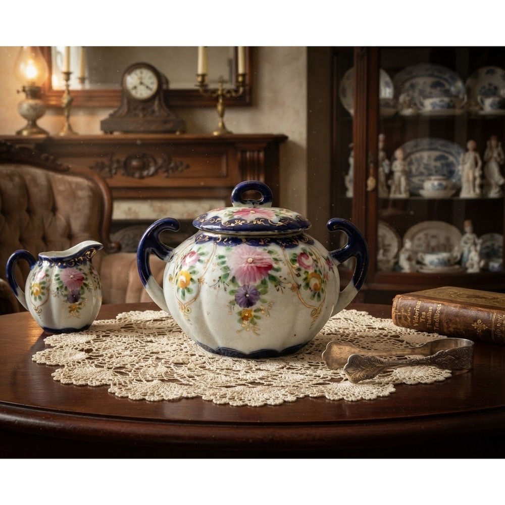 Antique C.1910 Japanese Porcelain Covered Sugar Bowl Cobalt Blue Gold Floral 4in